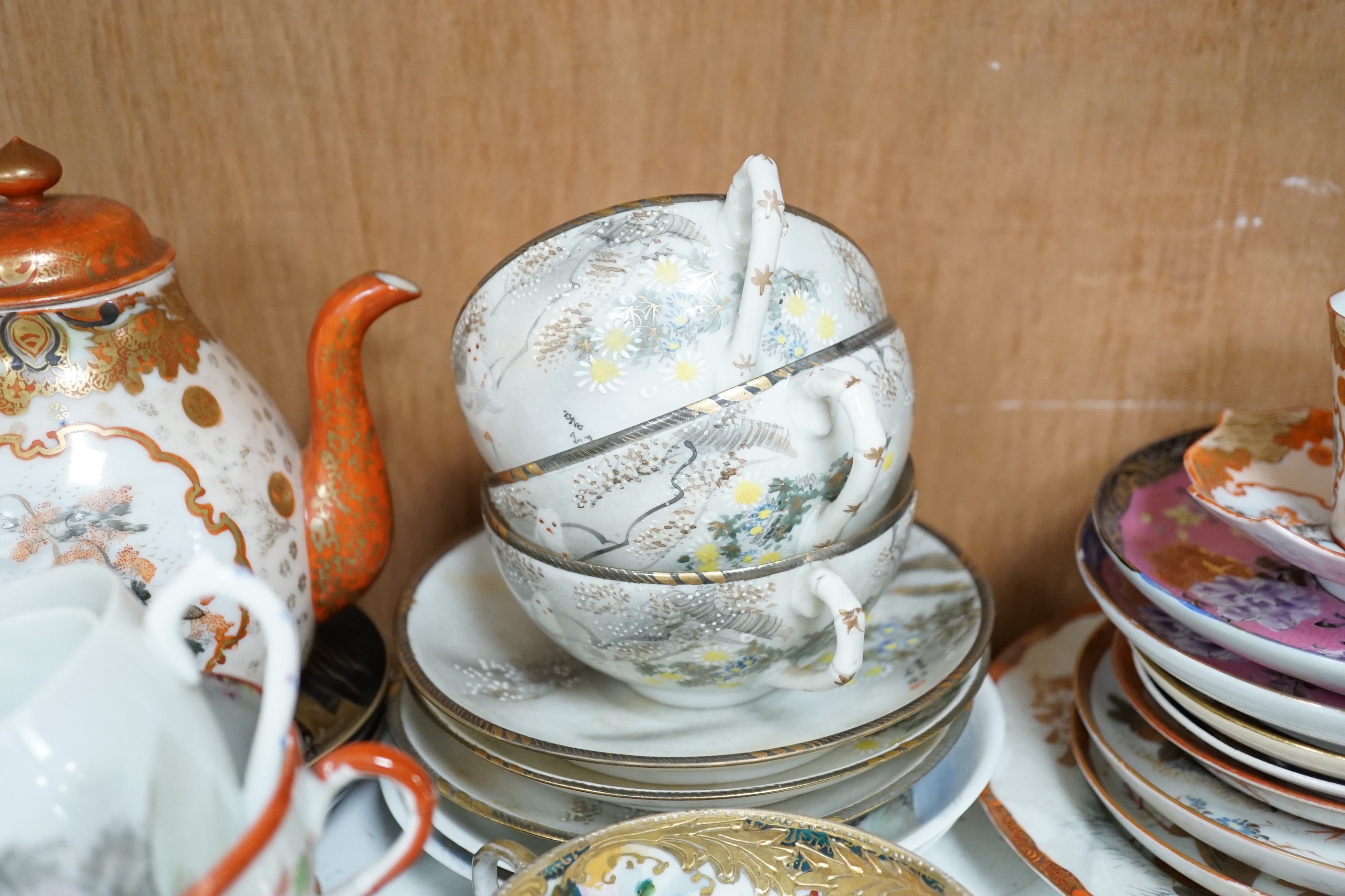 A group of various Japanese ceramics to include kutani and egg shell teawares, a Chinese crackle glaze jardiniere and another, a Chinese crackleware bowl and a blanc de chine cup